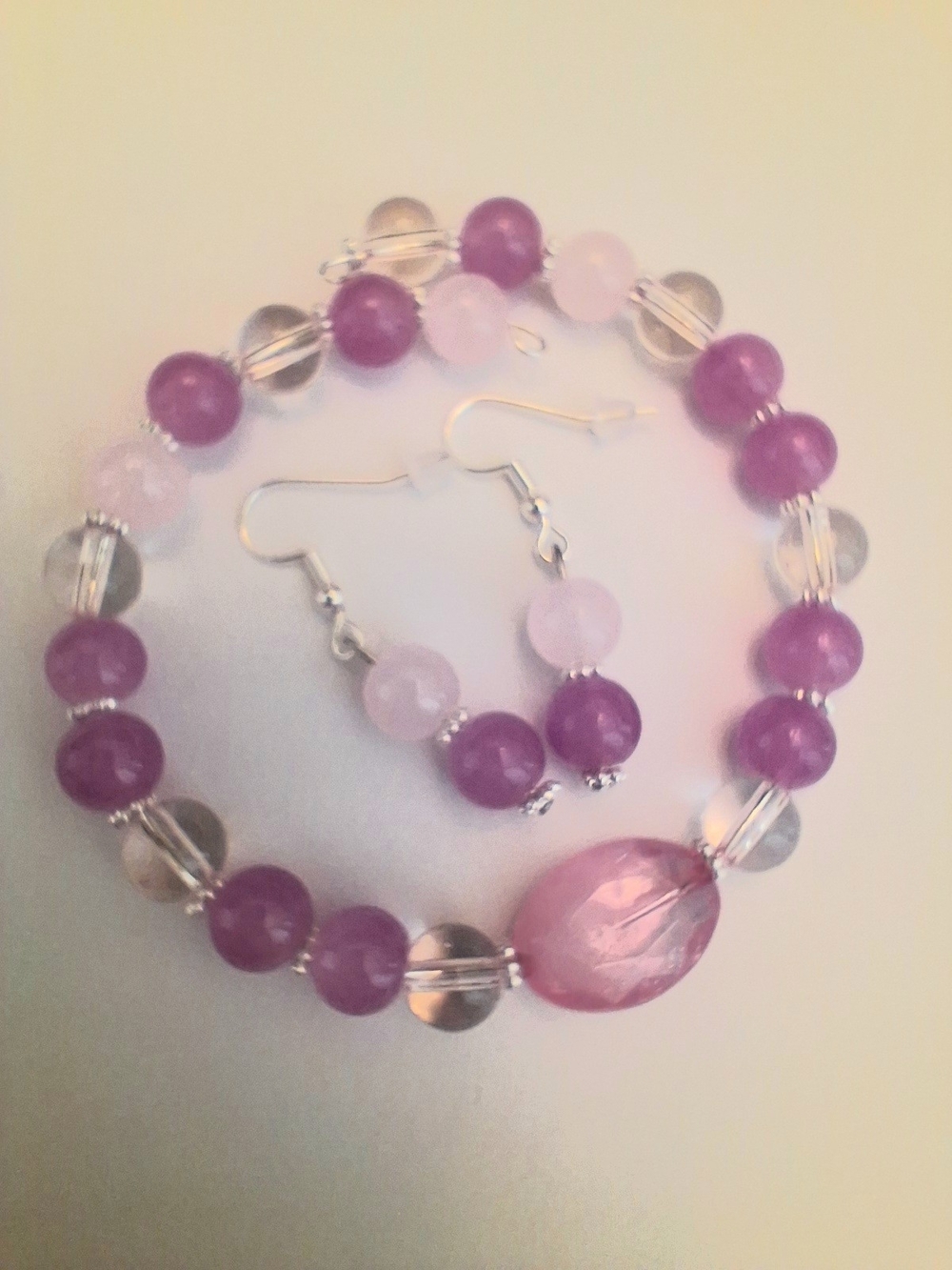 Bubble Gum Light Pink W/Silver Tones Beaded Bracelet & Earring Set